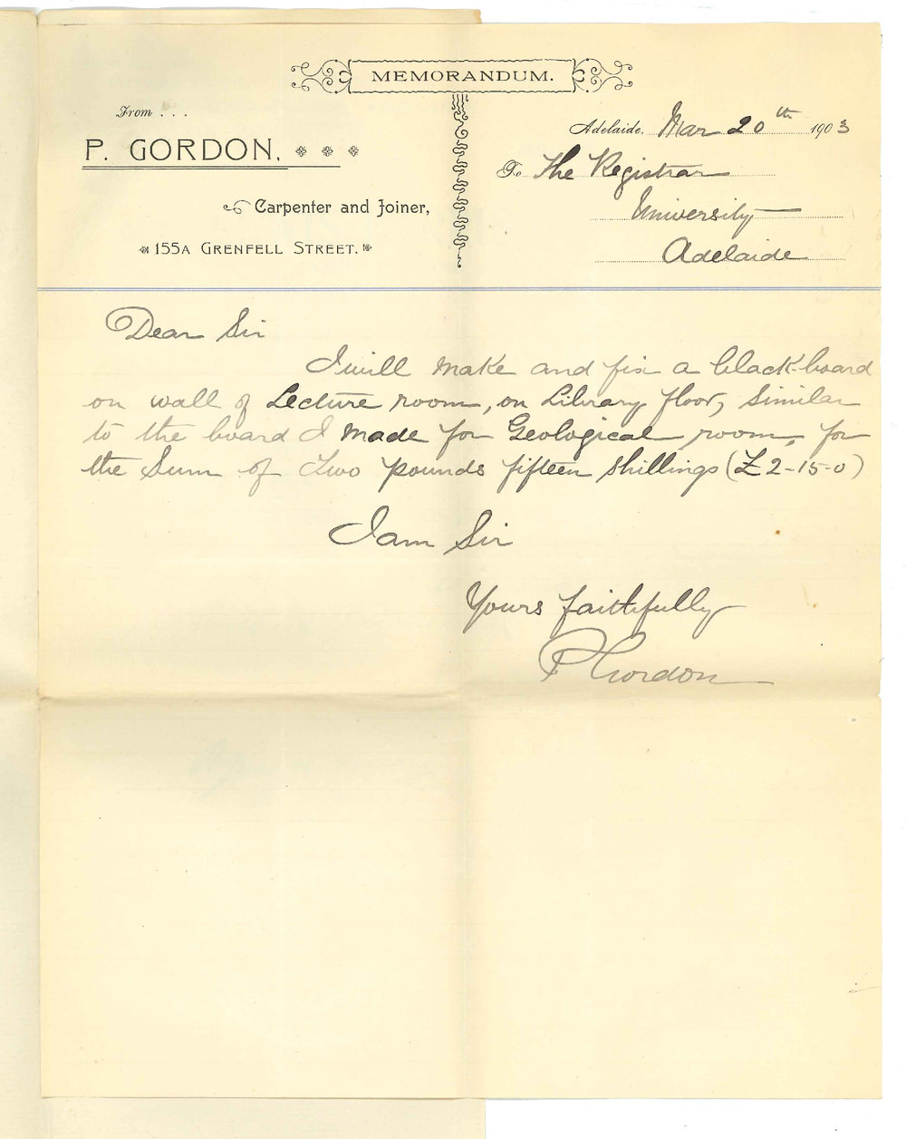 Messrs Lewis Harris, P Gordon - Adelaide - Quoting prices for black-board in Classics room