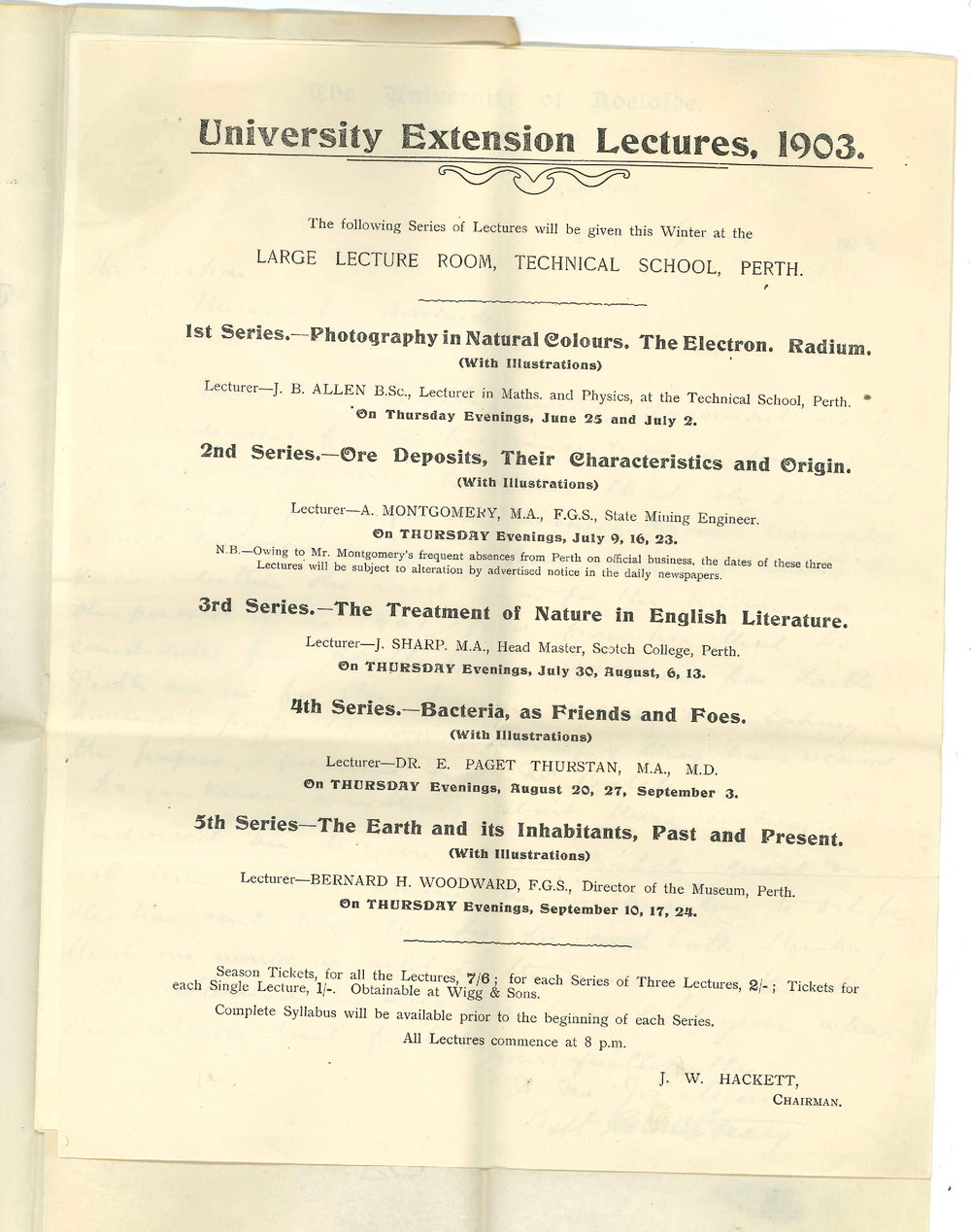 Henry Maurice Joscelyne - Perth - Extension Lectures Circular Forwarded applications Exemption from Lectures Rudiments Examination