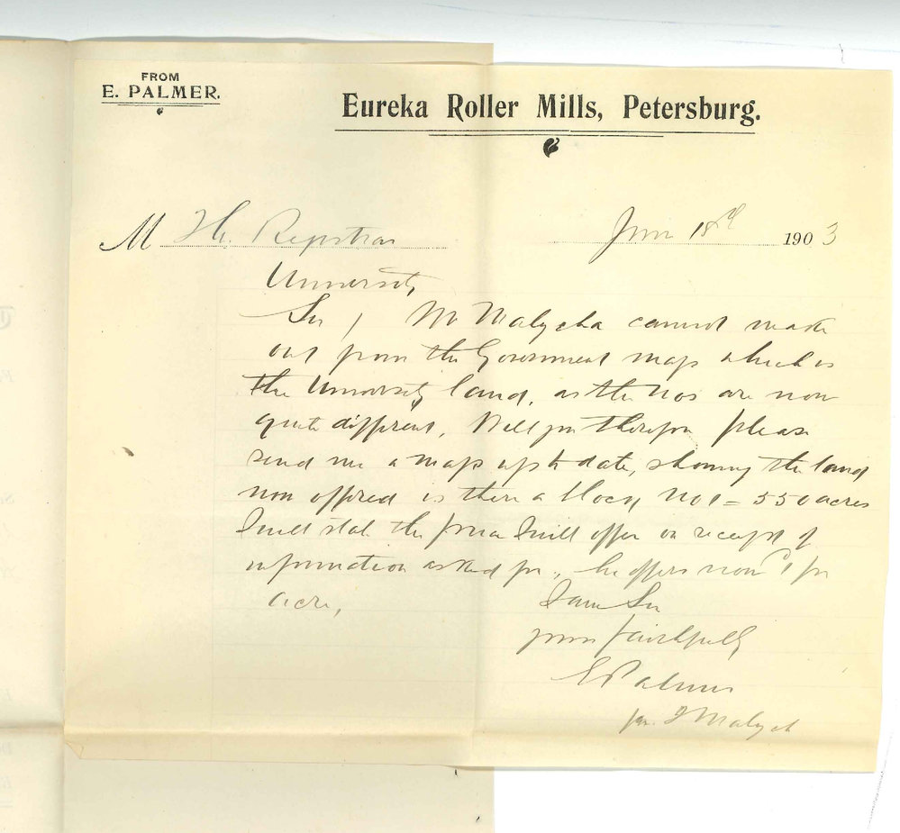 E Palmer - Petersburg - Asking for Map showing University Land Section 1 550 Acres Hundred of Parnaroo