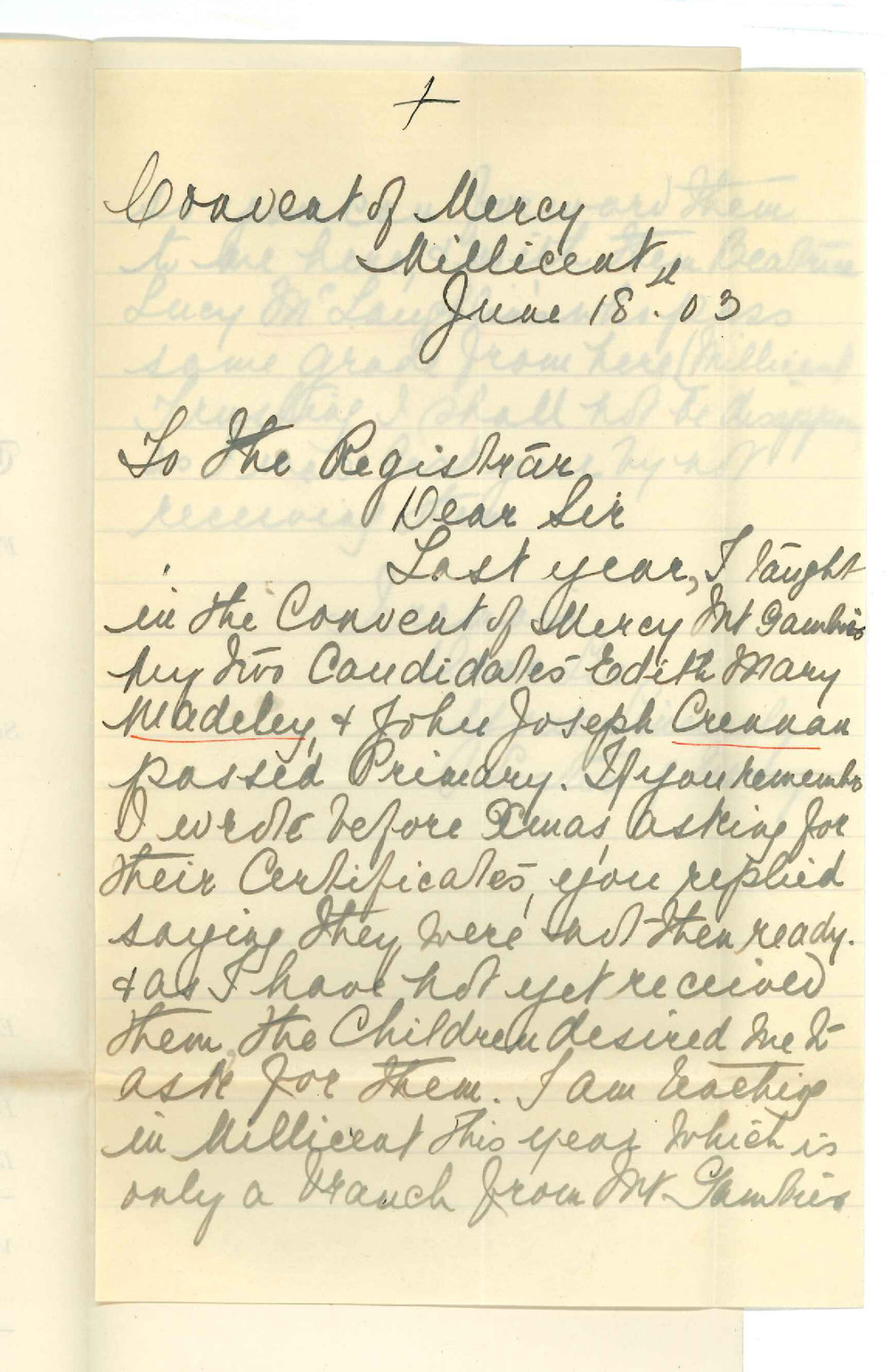 Convent of Mercy - Millicent - Asking for Certificates