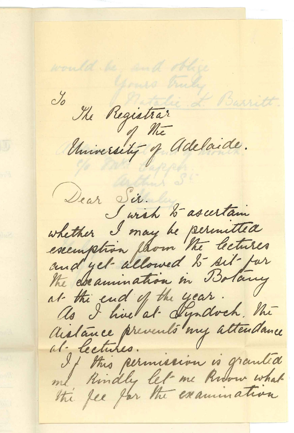 Miss N L Barritt - Lyndoch - Exemption from Lectures