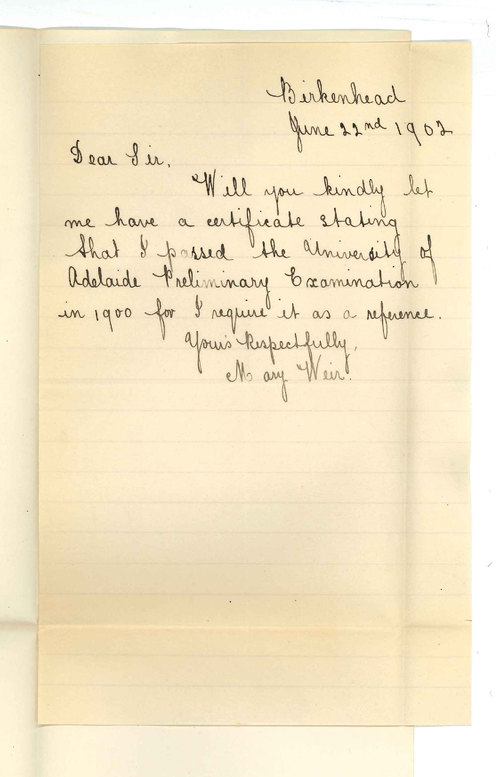 Miss M Weir - Birkenhead - Asking for Certificate Preliminary Exam