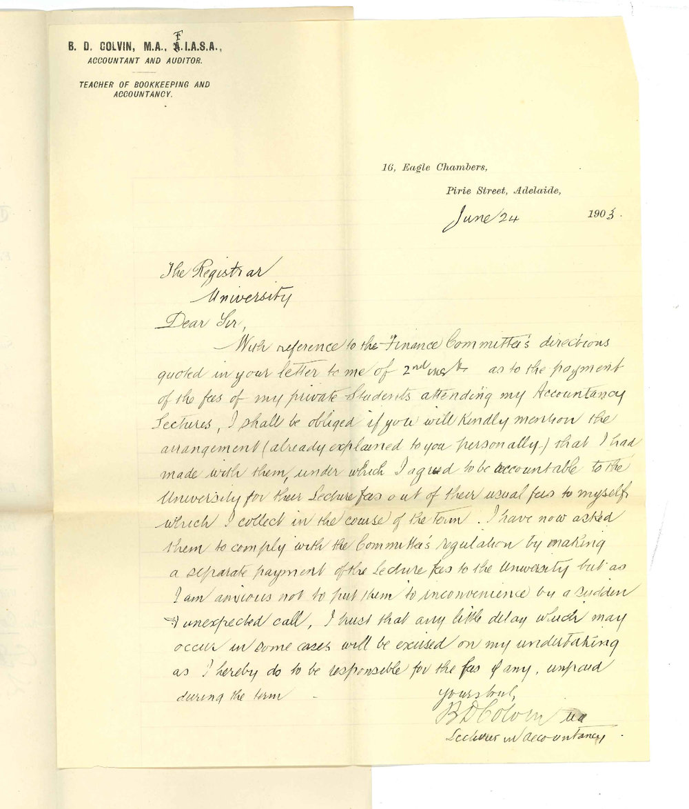 Bazett David Colvin - Adelaide - In regard to fees paid to private students in Accountancy