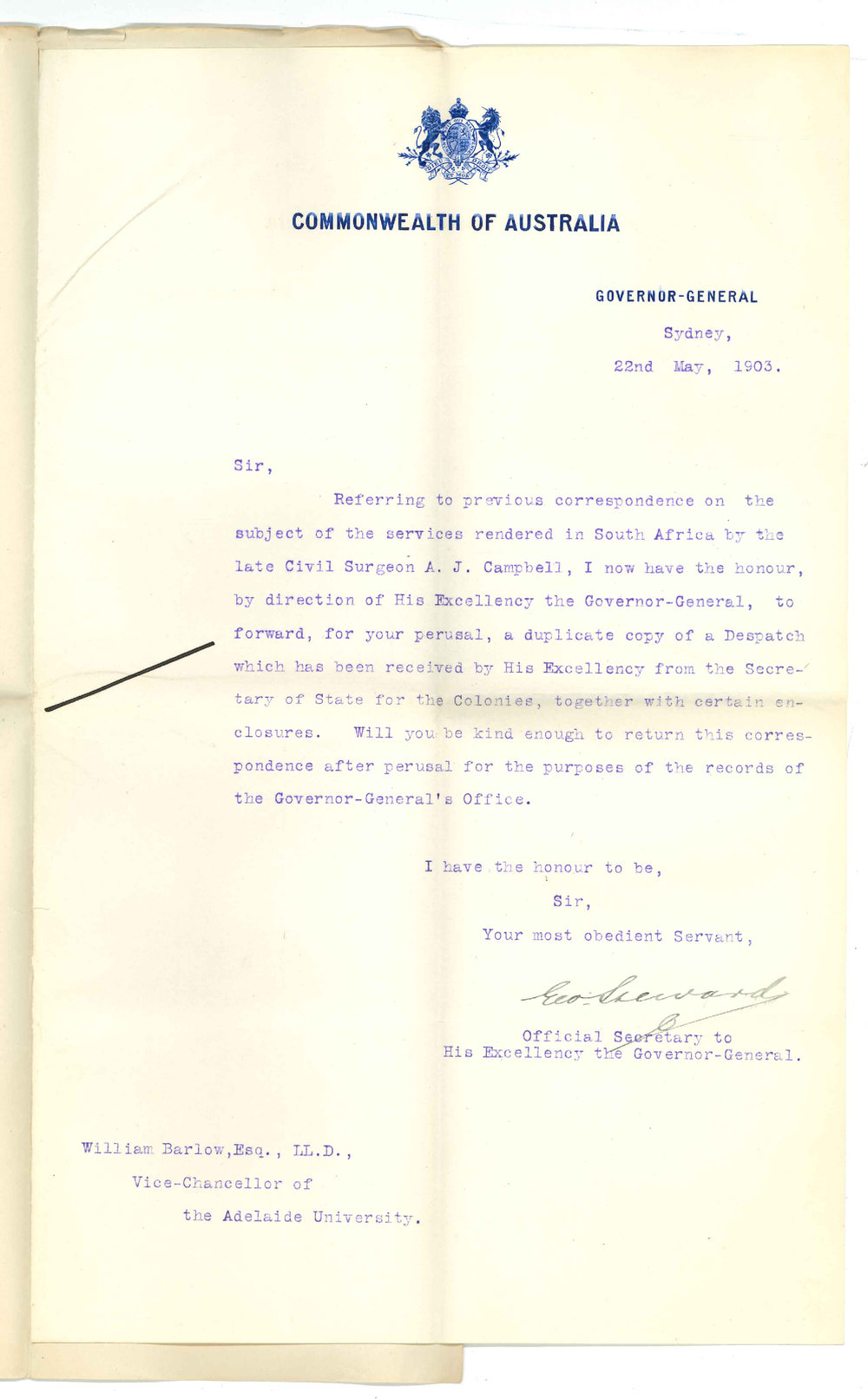 Secretary His Excellency the Governor General - Services rendered in South Africa by the late Civil Surgeon A J Campbell