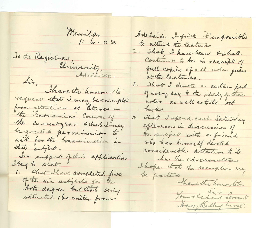 Harry Billinghurst - Merriton - Exemption from Lectures