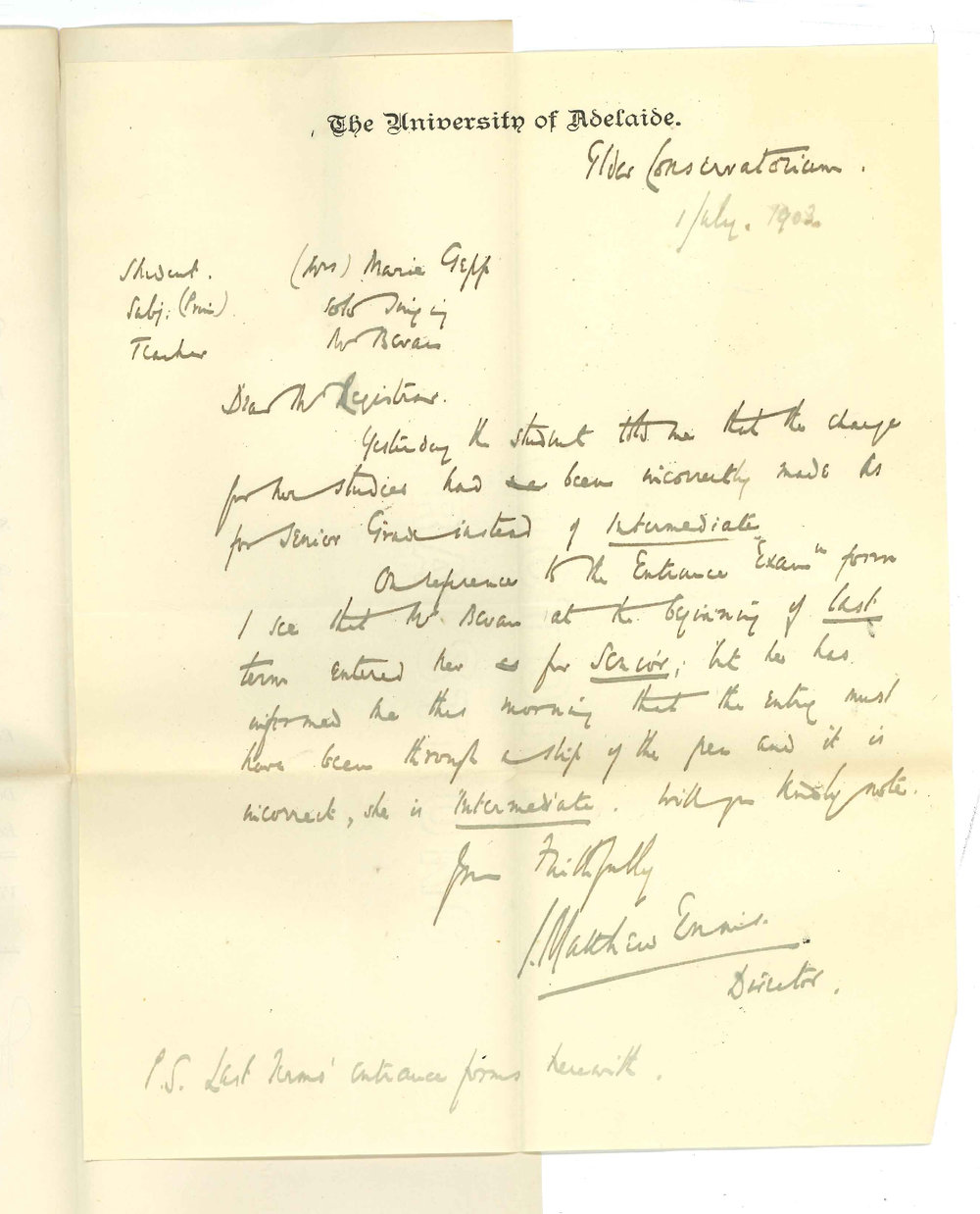 John Matthew Ennis - Elder Conservatorium - An incorrect charge of student Senior instead of Intermediate