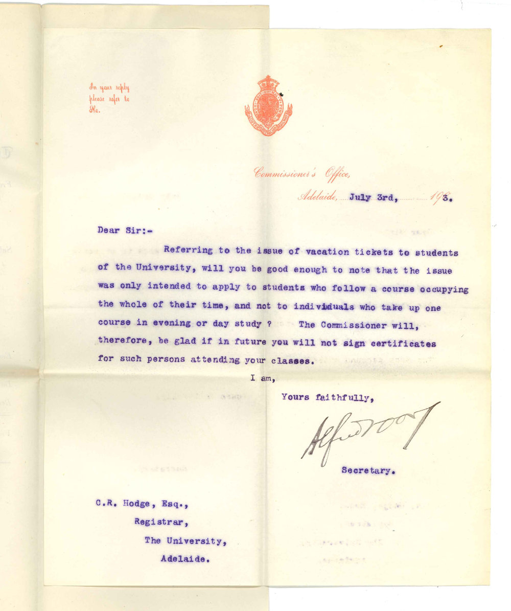 Alfred N Day - Secretary Railway Commissioners Office - Issue of vacation Tickets to Students