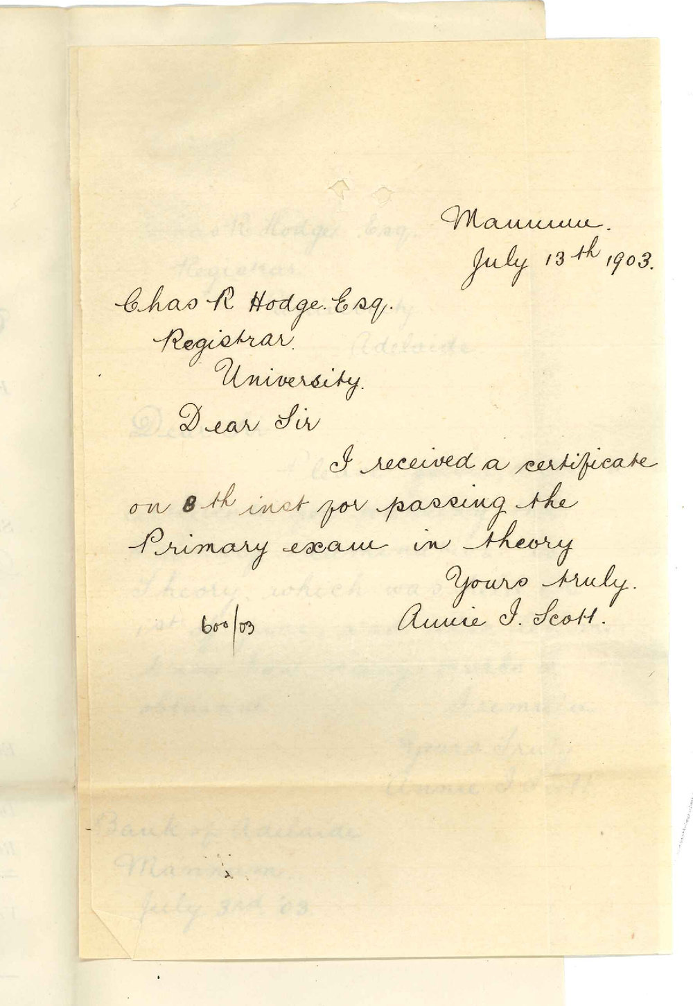 Annie I Scott - Mannum - Asking for Certificate Primary Exam