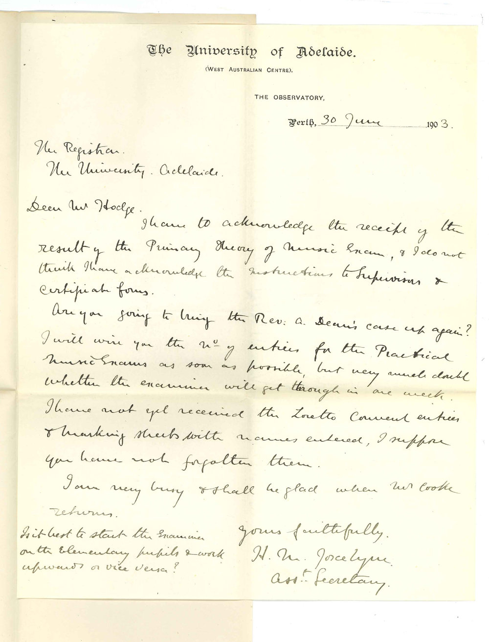 Henry Maurice Joscelyne - Perth - Acknowledging results Primary Theory Re Rev A Deans case Wiring Entries Practical Exam Non receipt Loretto Convent Forms and Names Arranging Exam Time Table