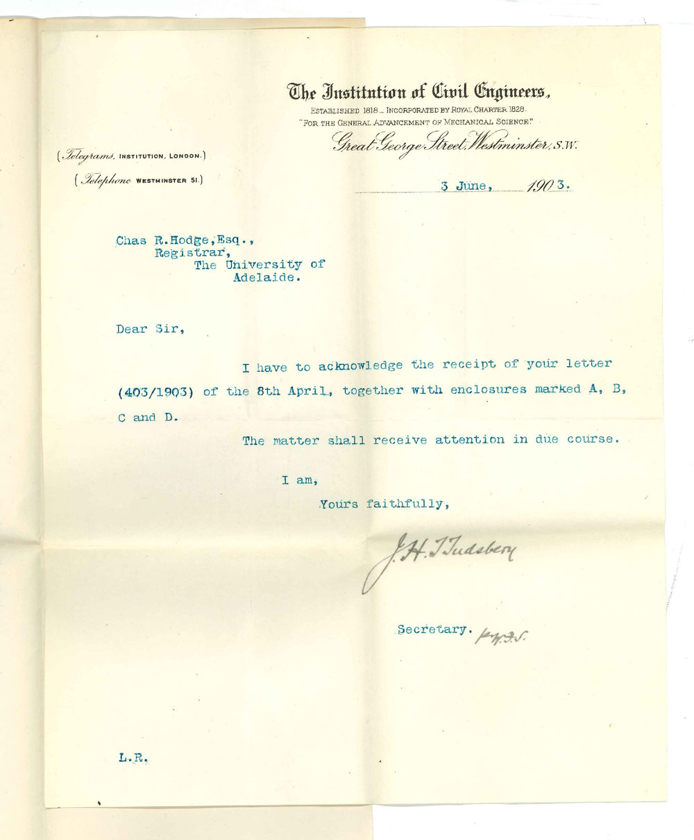 J H T Ludsberg - Institute of Civil Engineers Westminster - Acknowledging letter and Enclosures