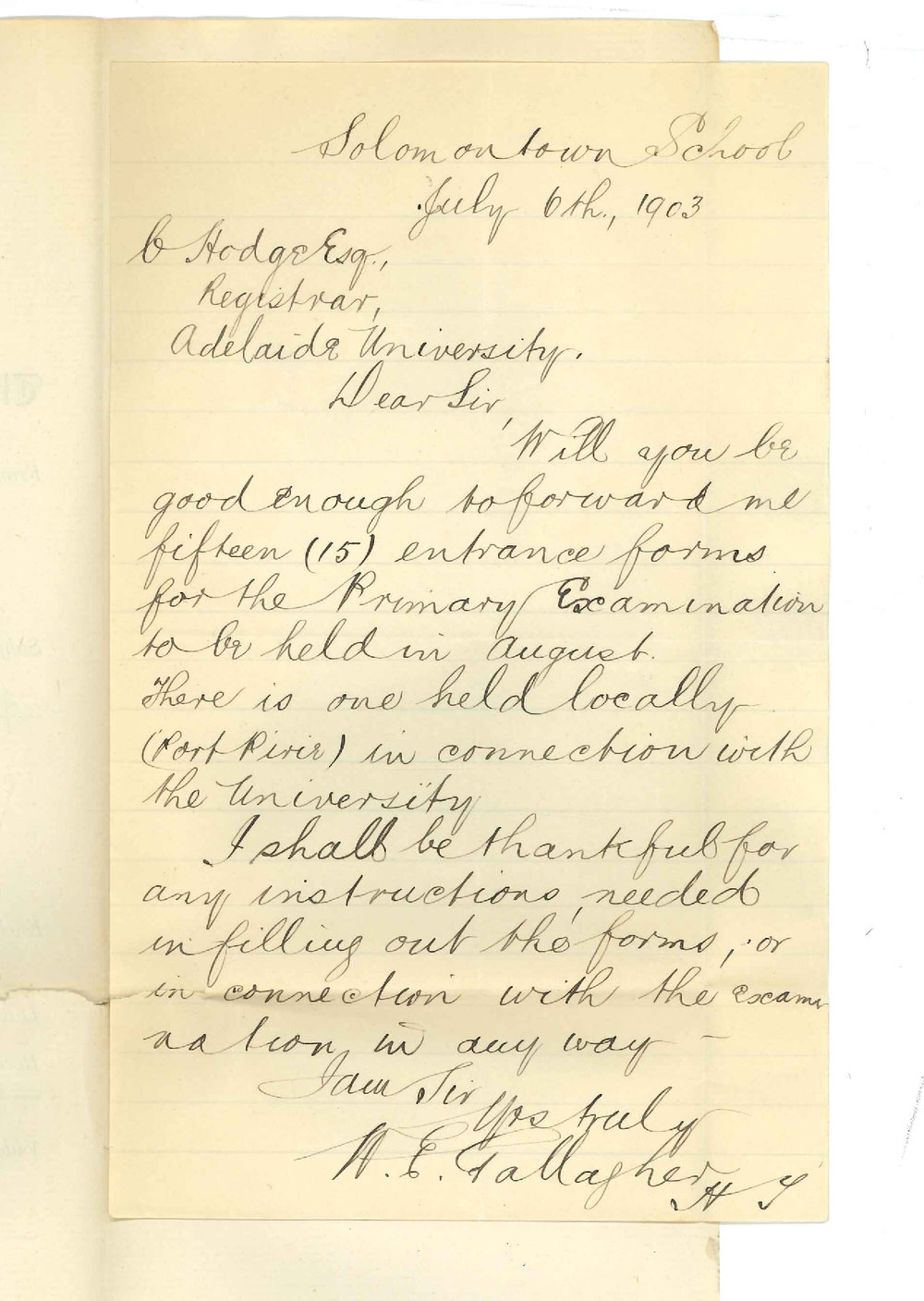 William Edward Gallagher - Solomontown - Asking for Forms and information Primary Exam
