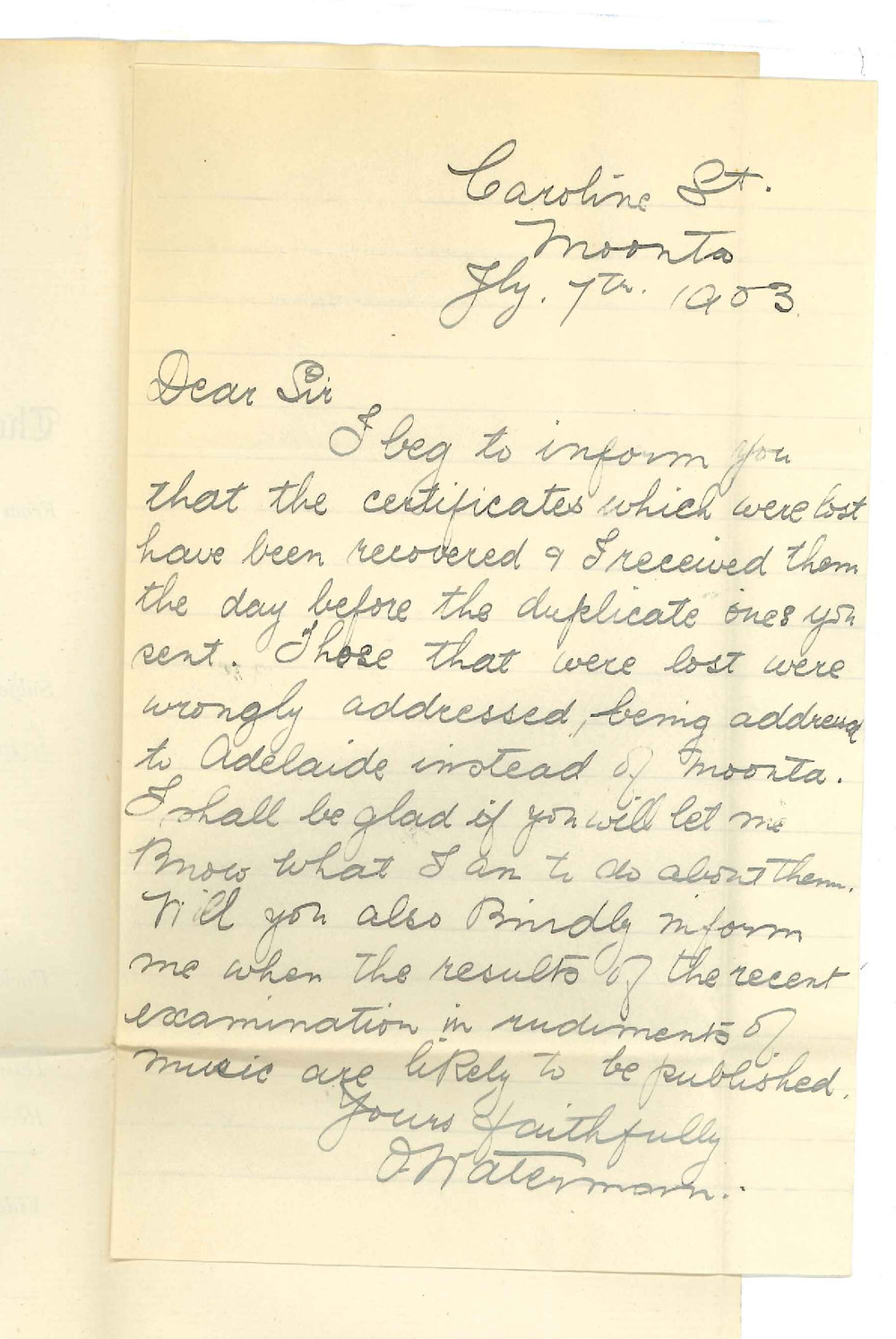Miss D Waterman - Moonta - Re arrival of missing Certificate