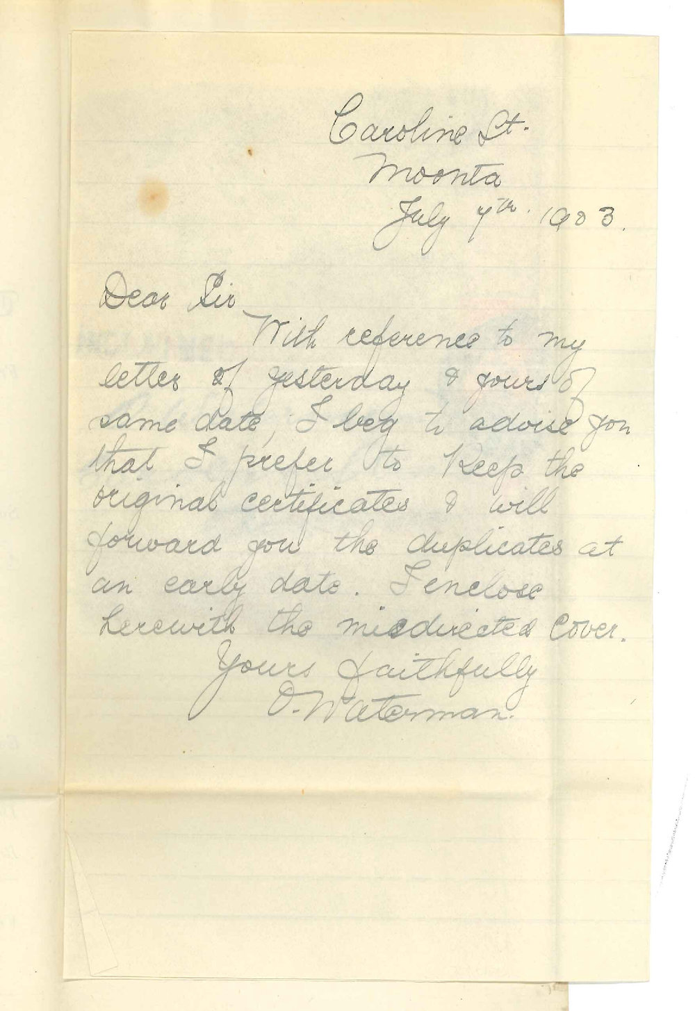 Miss D Waterman - Moonta - Retaining Original Certificates