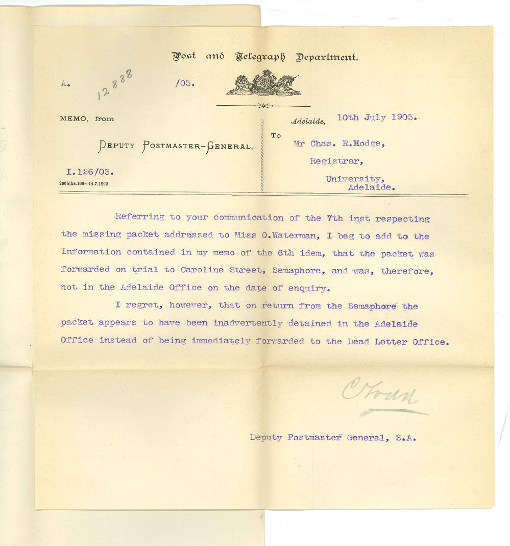 Deputy Postmaster General - Adelaide - Re missing packet addressed to Miss O Waterman