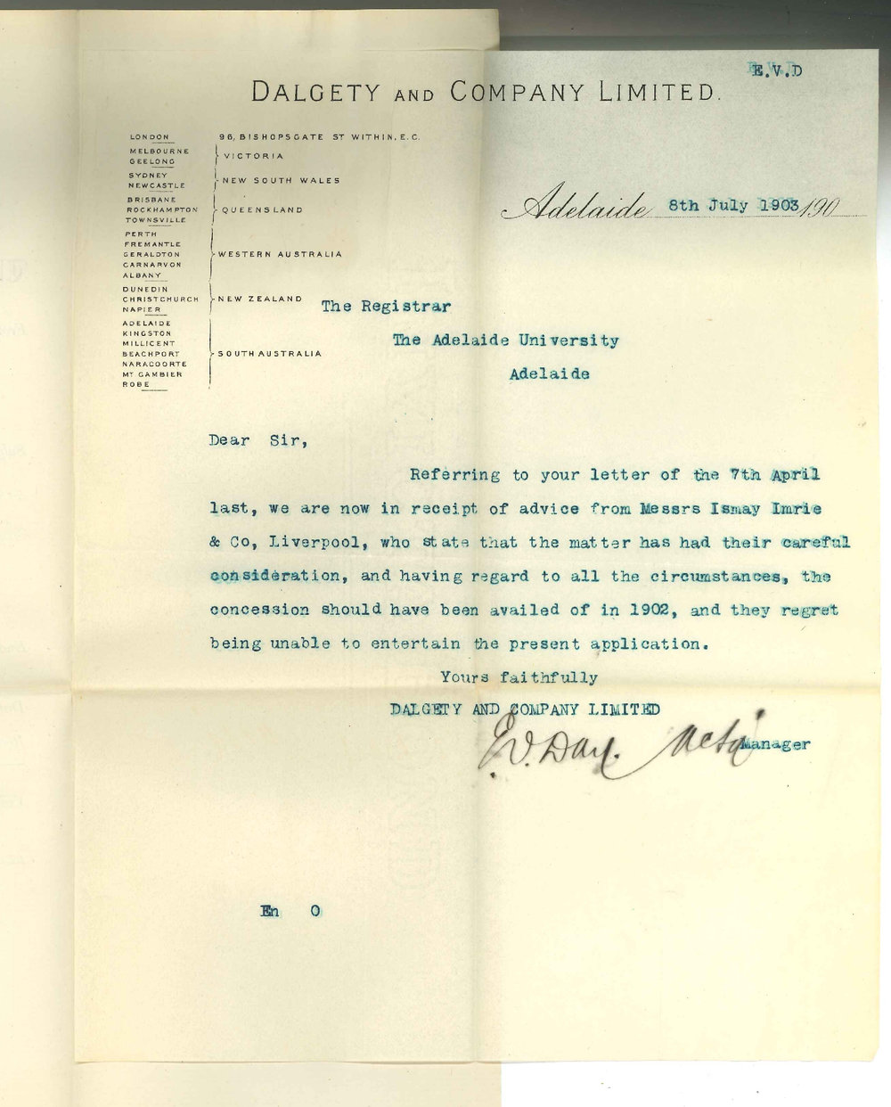Dalgety and Company Limited - Adelaide - Messrs Ismay and Imrie unable to entertain present application