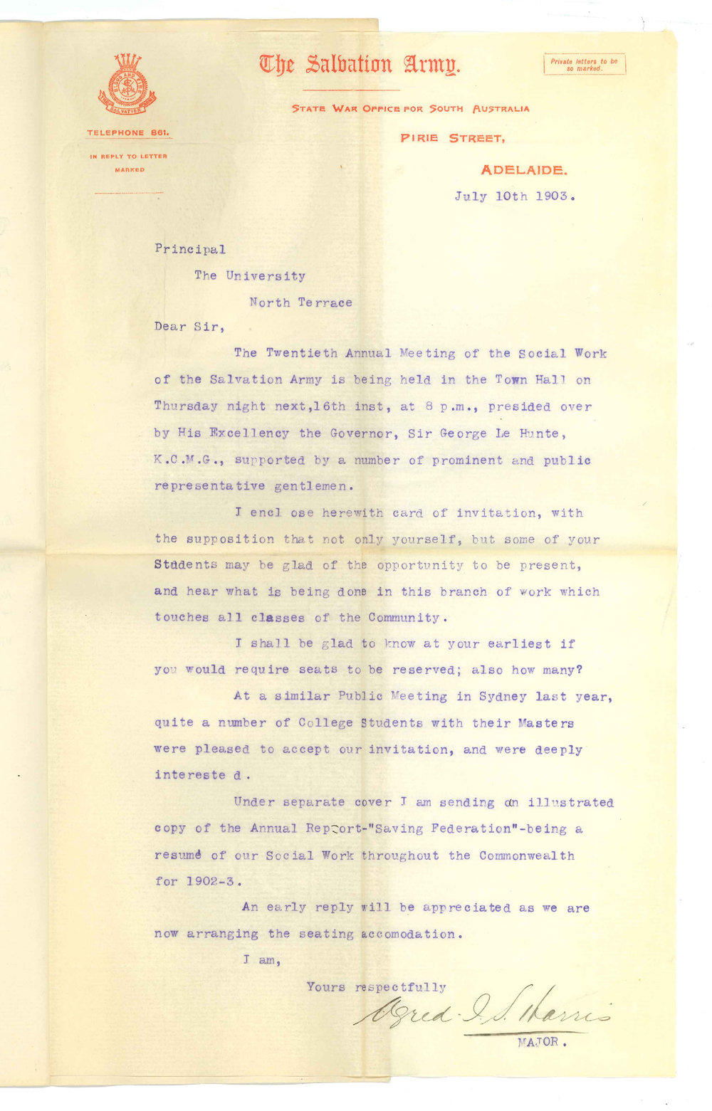 Major Harris - Salvation Army Pirie Street Adelaide - Invitation to 20th Annual Meeting