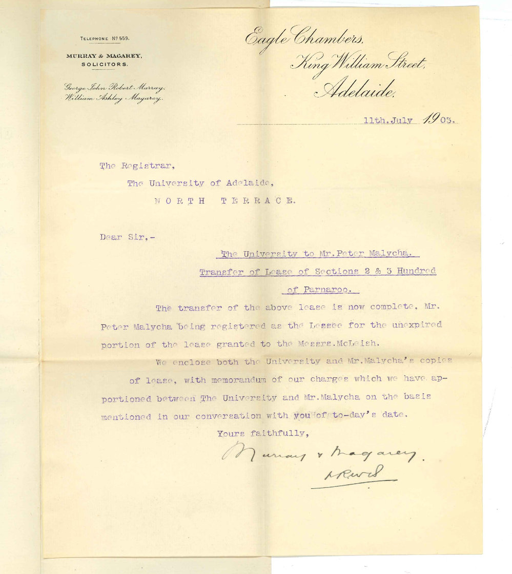 Murray and Magarey - Adelaide - Transfer of Lease of Sections 2 and 3 Hundred of Parnaroo P Malycha and McLeish