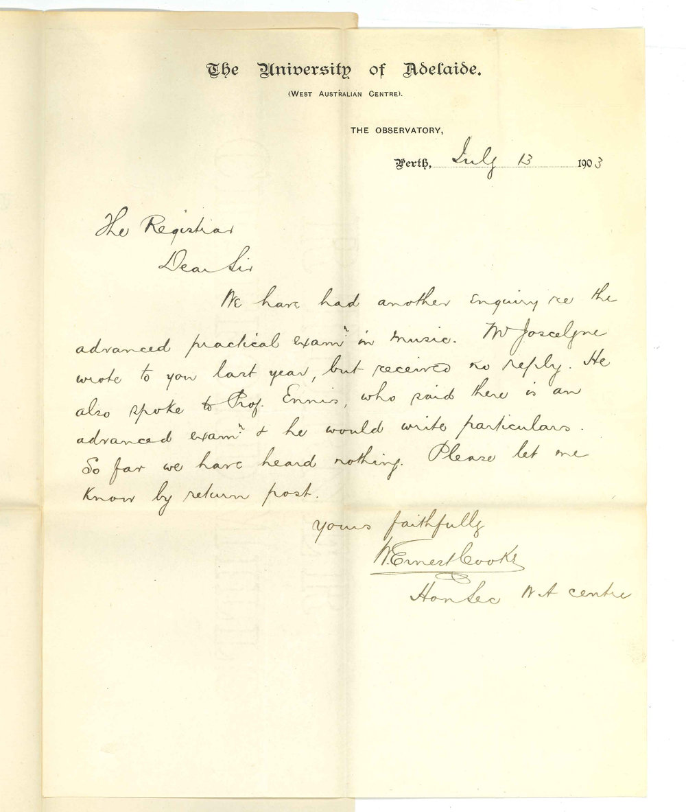 W E Cooke - Honorary Secretary Perth Centre W A - Re particulars Advanced Practical Exam in Music