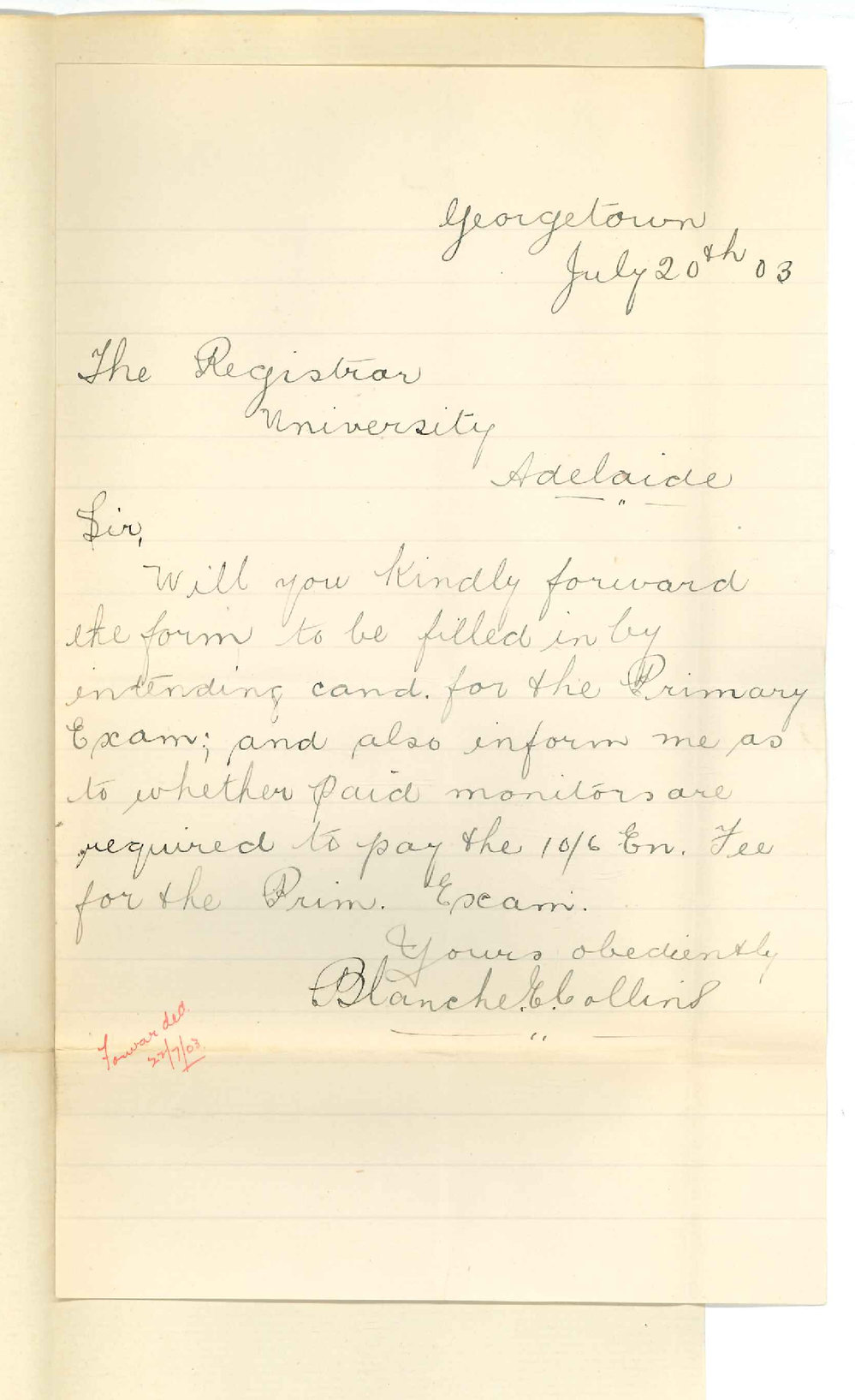 Miss B E Collins - Georgetown - Re Entrance Fee Primary Exam Paid Monitors