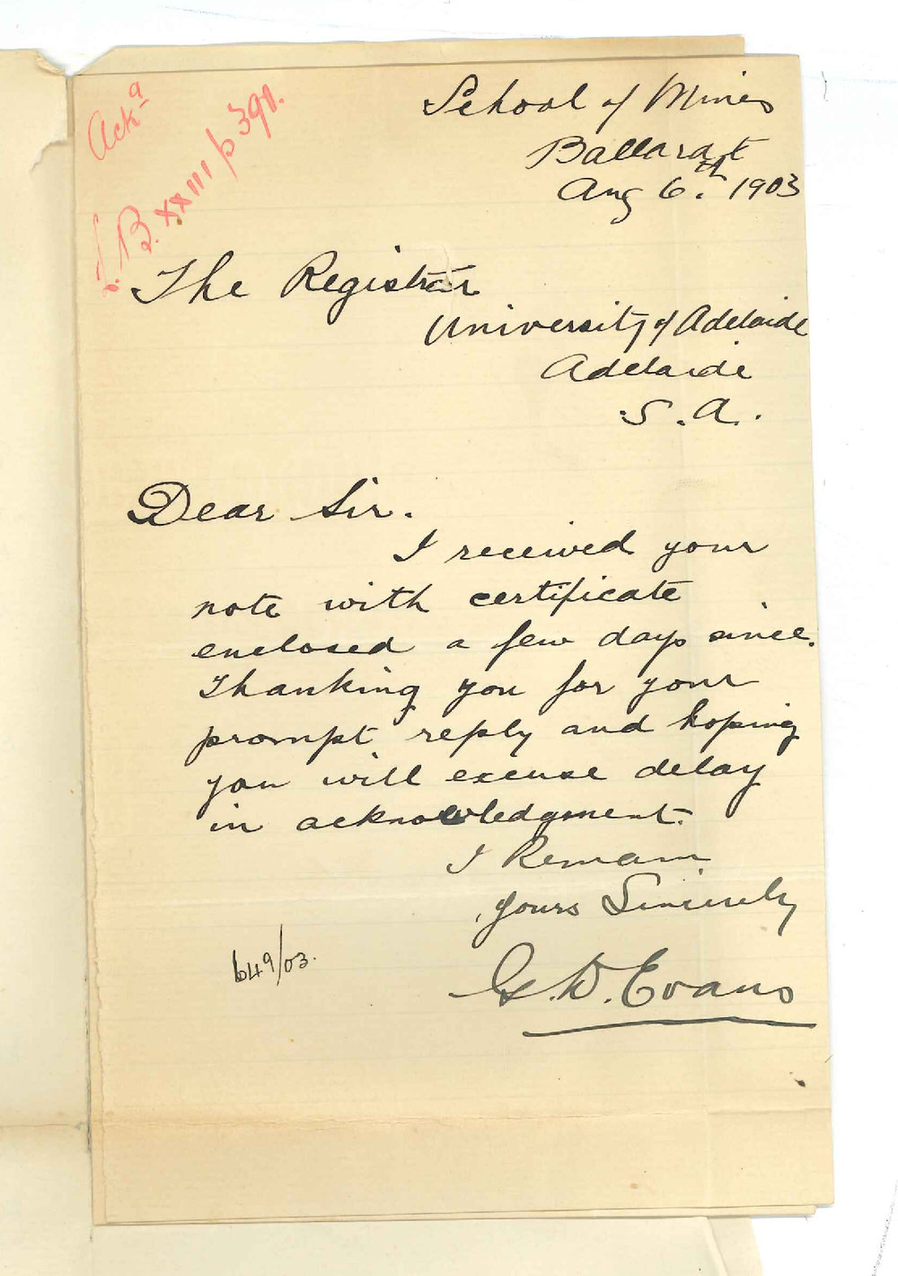 G D Evans - School of Mines Ballarat - Asking for Certificate