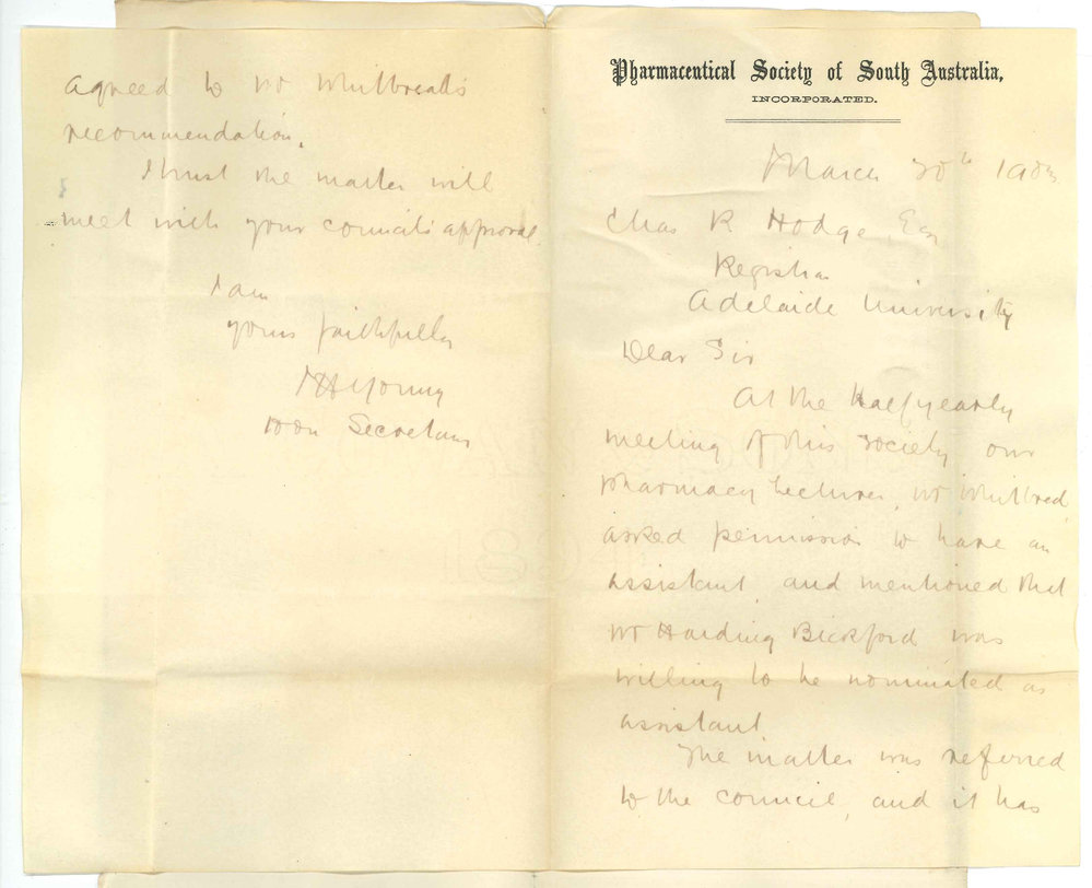 J H Young [Sec Pharmaceutical Society of South Australia] - Adelaide - Stating that Mr Whitbread would like an assistant and recommending an appointment
