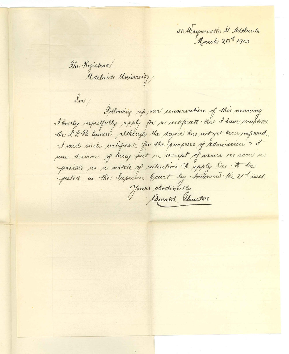 Oswald Hunter - Adelaide - Requesting certificate showing that he has obtained LLB degree