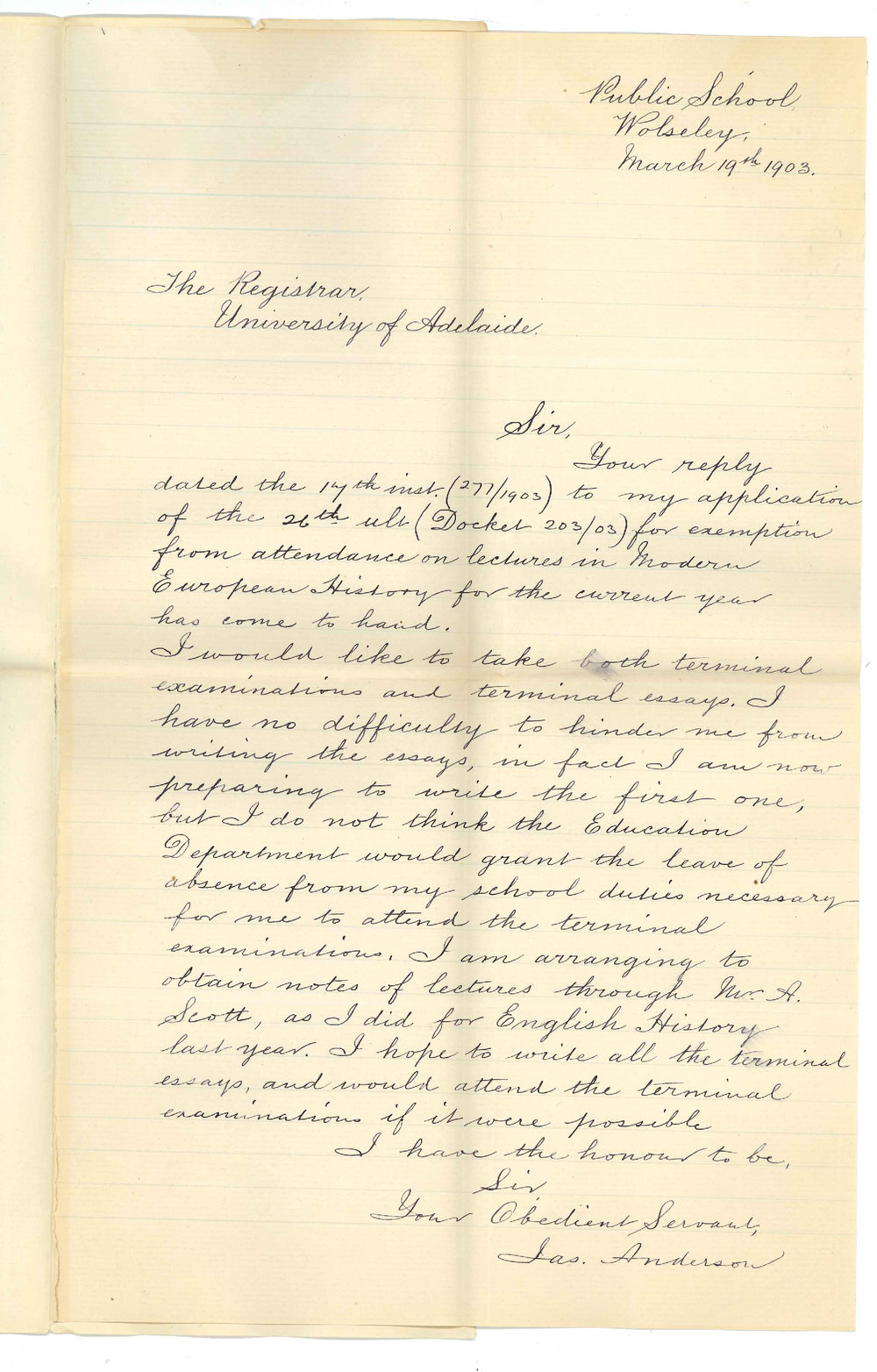 James Anderson - Public School Wolseley - Application for Exemption attendance at lectures