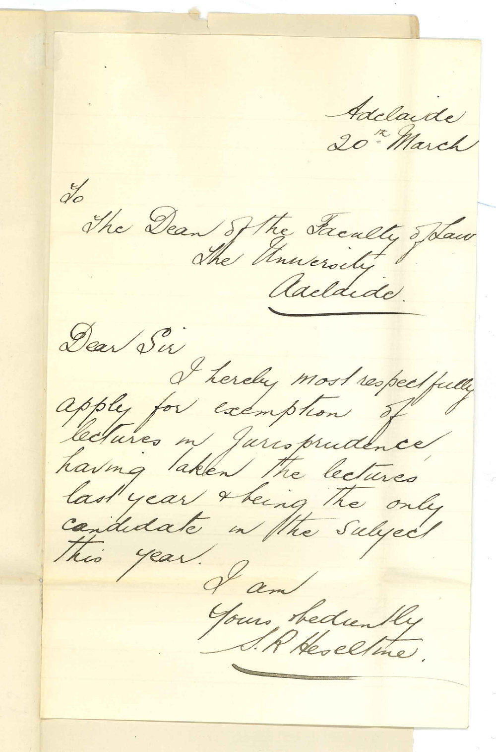Samuel Richard Heseltine - Adelaide - Exemption attendance at lectures on Jurisprudence