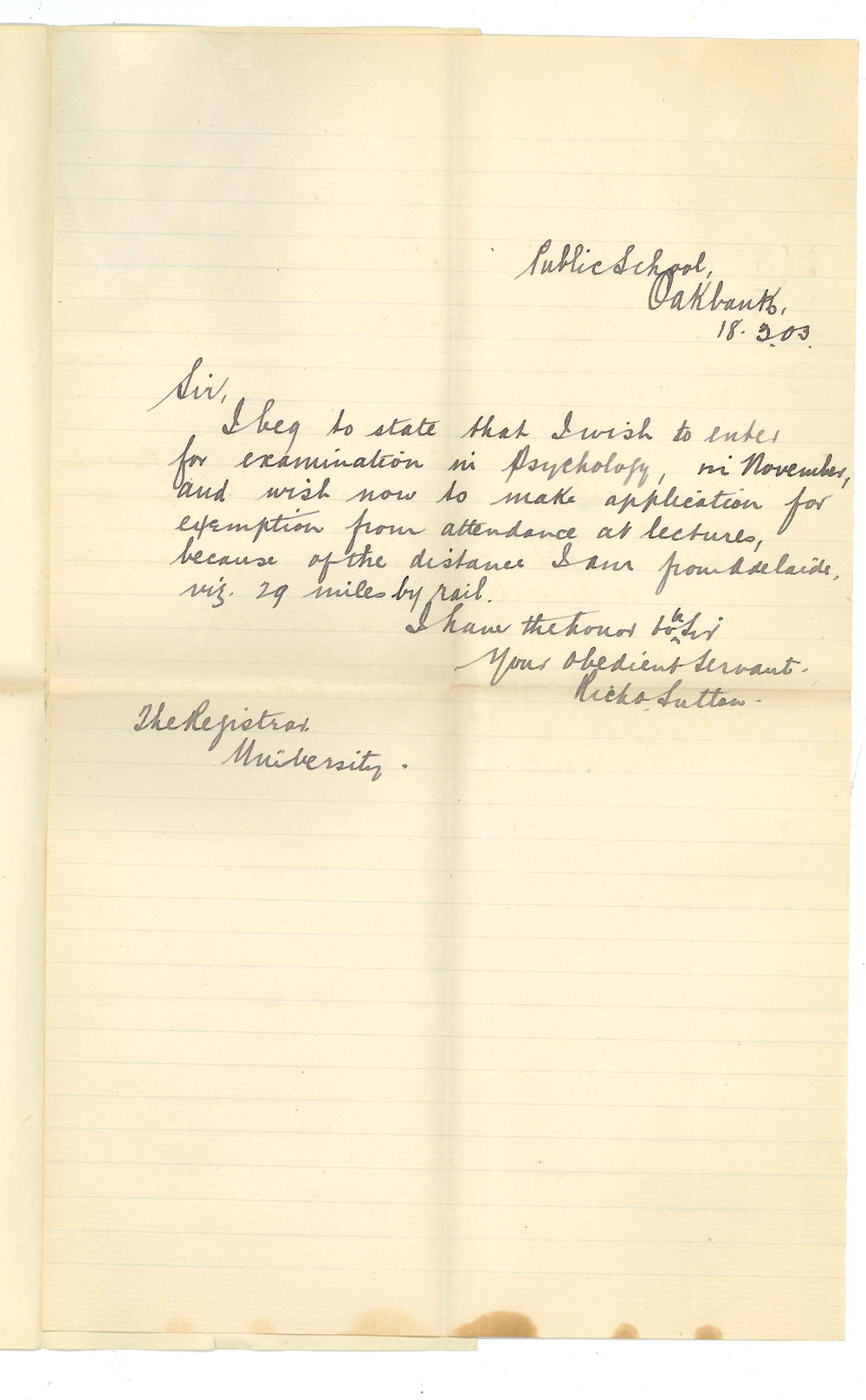 Richard Sutton - Oakbank - Exemption attendance at lectures