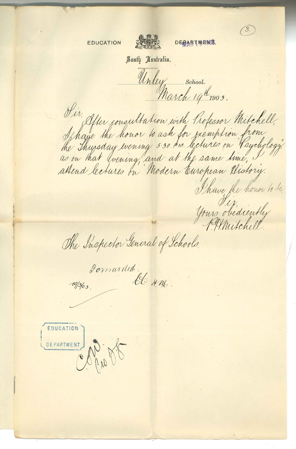 P H Mitchell - Education Department South Australia - Unley School - Exemption attendance at lectures