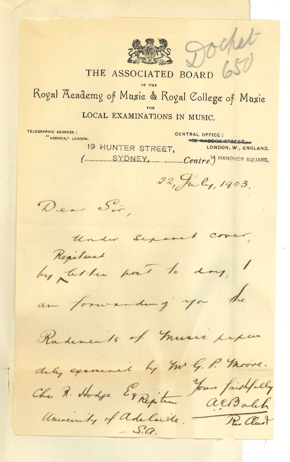 A E Balch - Secretary Associated Board Sydney - Forwarding Registered packet Rudiments papers Examined