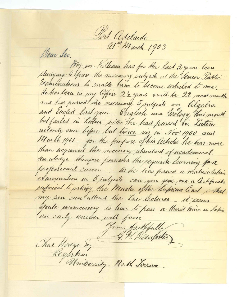 G W Dumpster - Port Adelaide - Requesting a Senior Public Certificate for his son