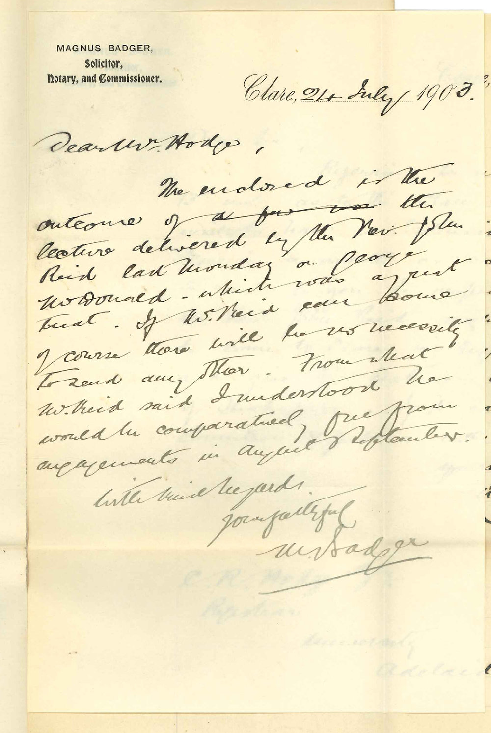 Magnus Badger - Clare - Outcome of Lecture by Rev J Reid Holding Extension Lectures at Clare