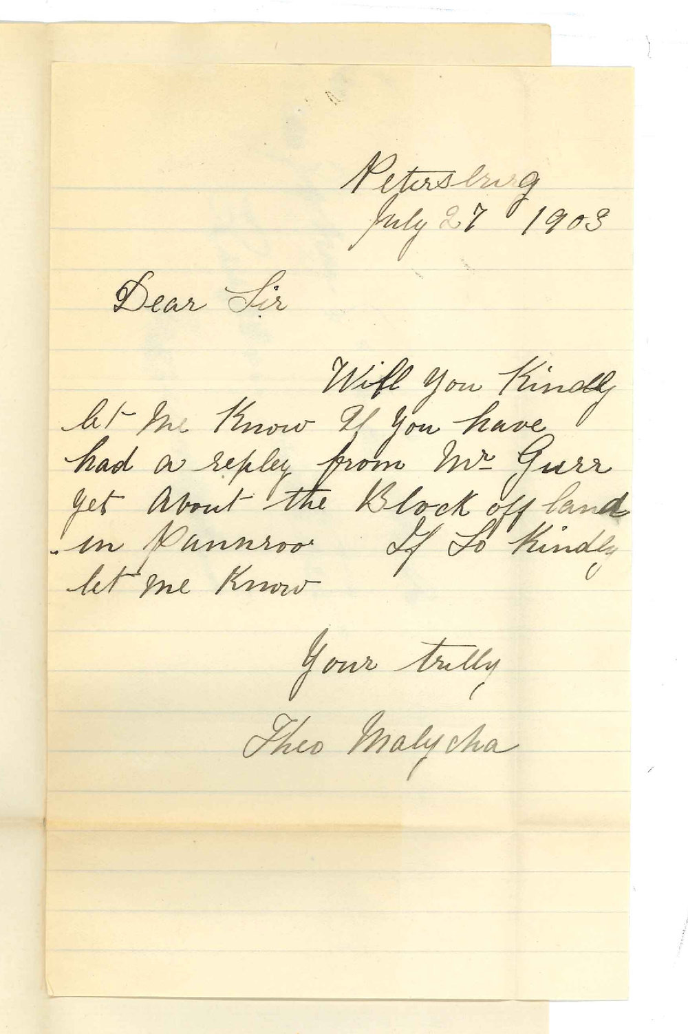 T Malycha - Petersburg - Asking if a reply has been received from Mr Gurr