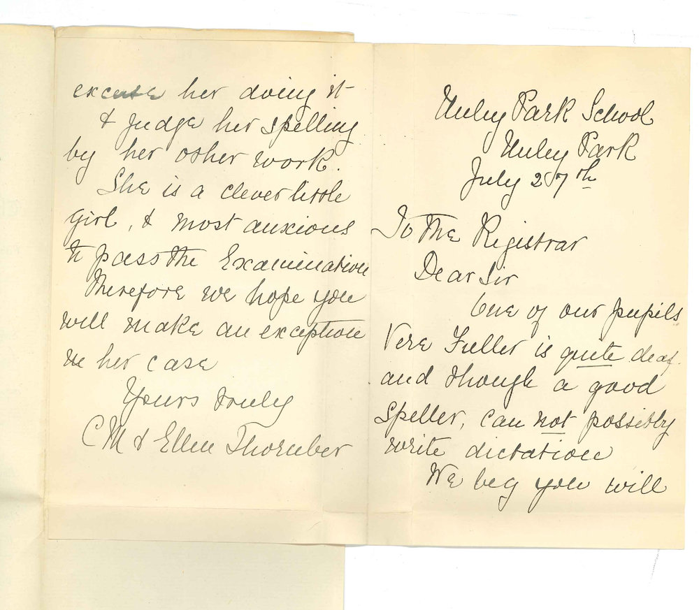 Misses Thornber - Unley Park - Asking that Vere Fuller be exempted from Dictation owing to deafness