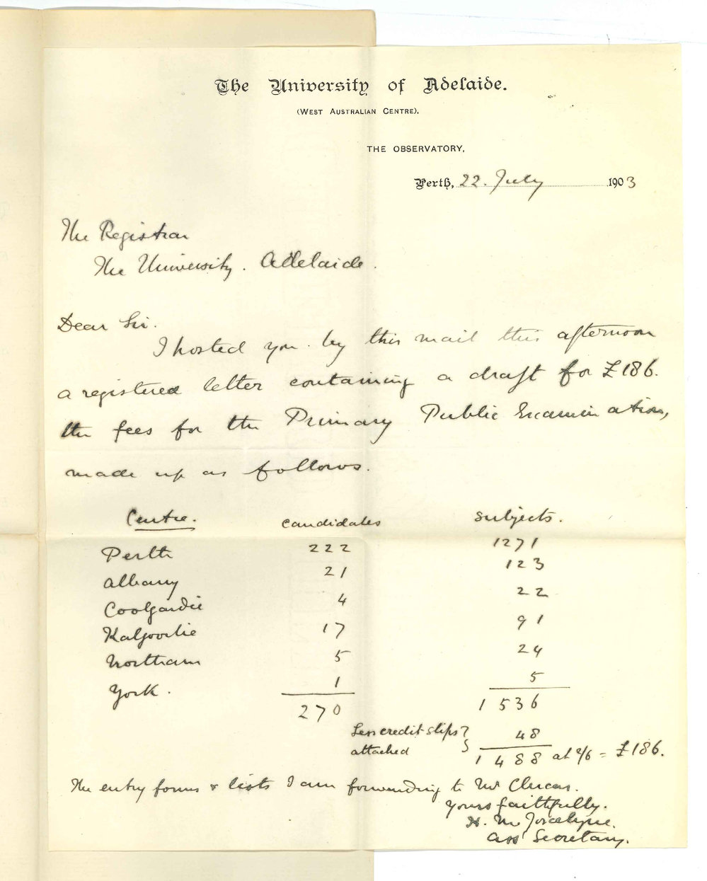 Henry Maurice Joscelyne - Assistant Secretary University Centre Perth - Forwarding Entries and Draft