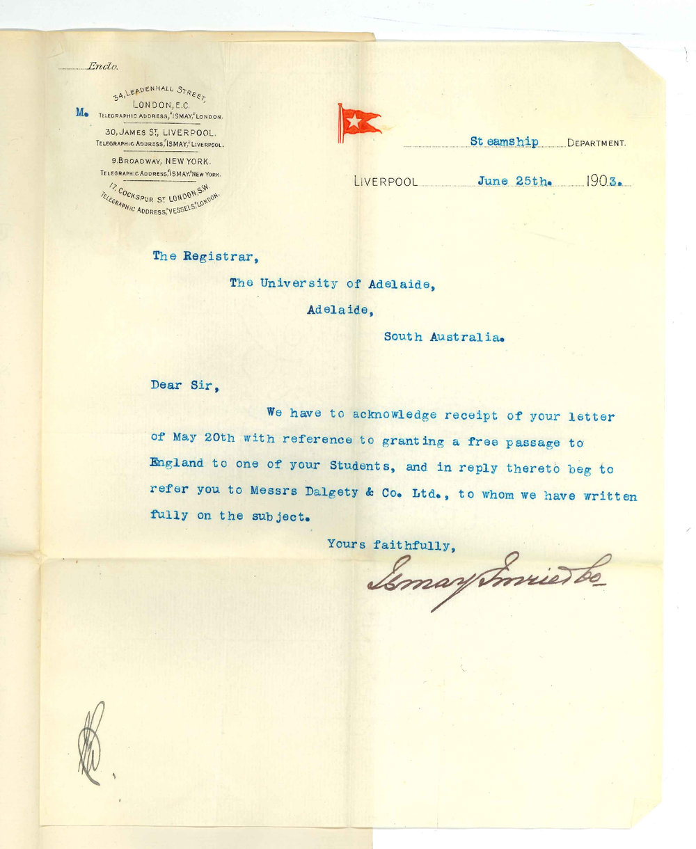 Ismay Imrie and Company - Liverpool - Re free passage to England of Student
