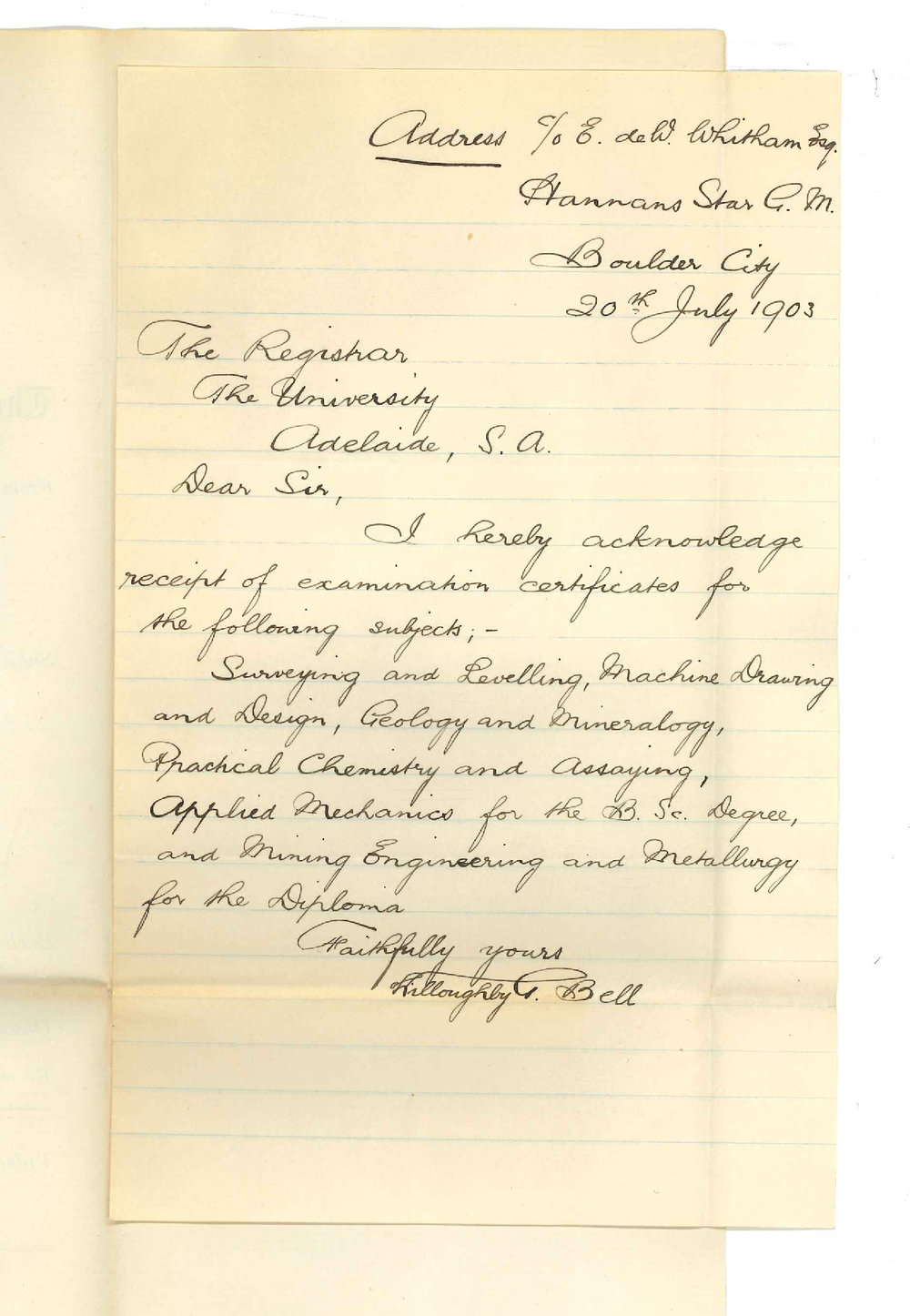 Willoughly G Bell - Boulder City W A - Acknowledging receipt of Exam Certificates