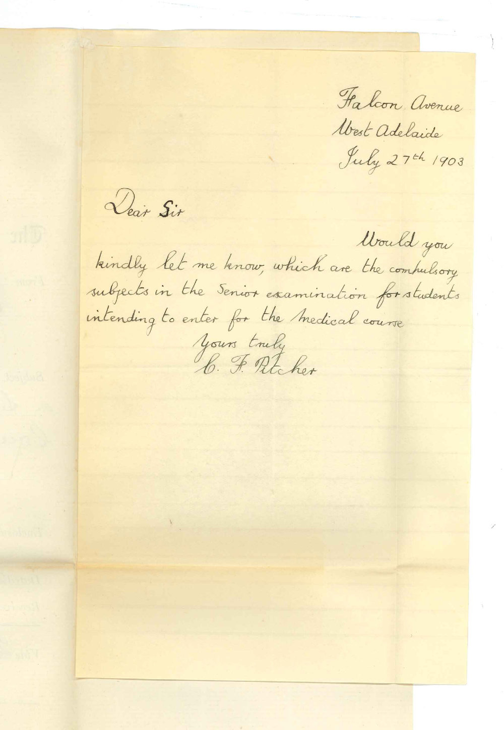 C F Pitcher - West Adelaide - Compulsory subjects in Senior Exam for Medical Course