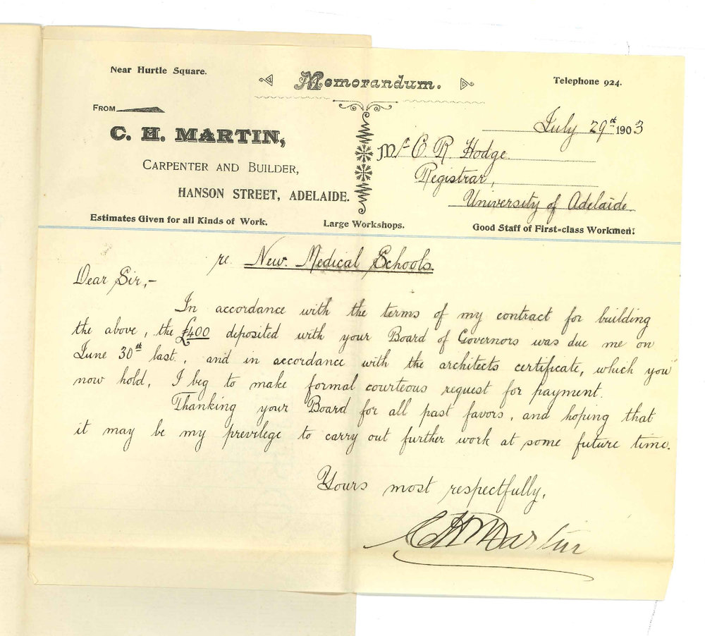 C H Martin - Adelaide - Asking for Cheque Completion of Contract