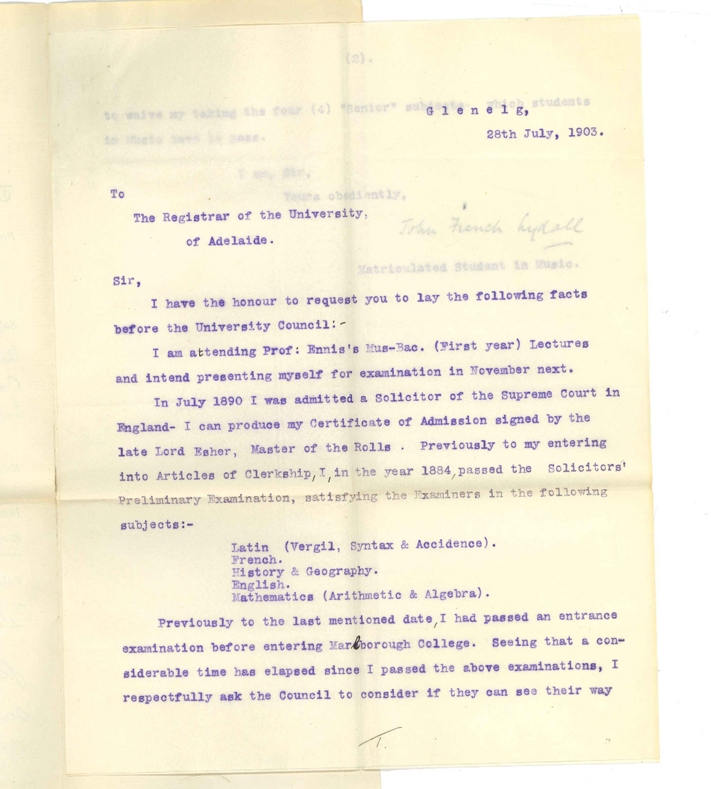 John F Lydall - Glenelg - Intention to enter MusBac exam next November - asking for exemption from senior subjects