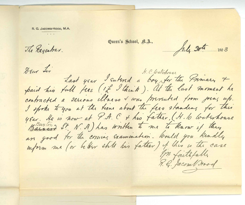 R G Jacomb Hood - Queens School N A - Fees for Primary paid in 1902 for H C Waterhouse