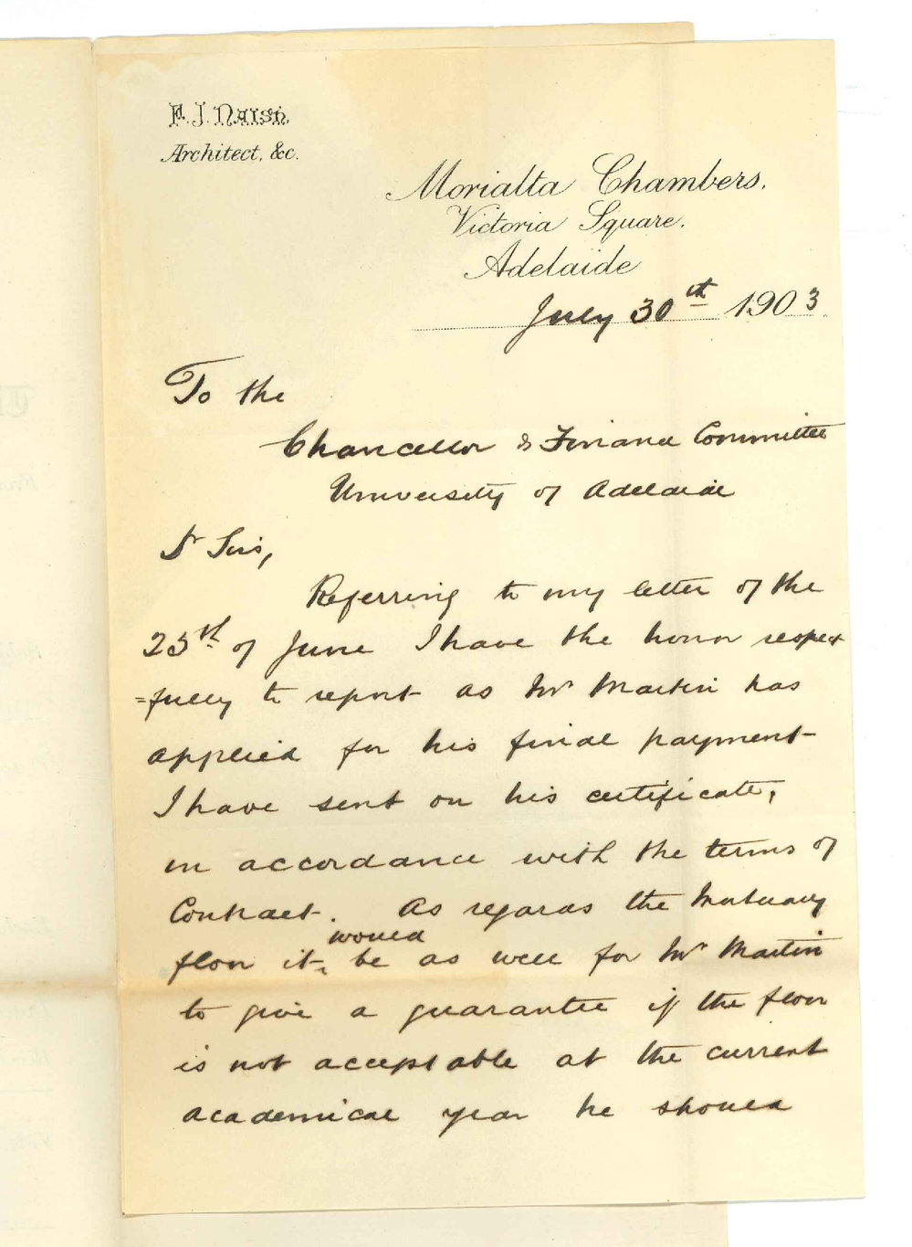 Frank James Naish - Adelaide - Re Final payment to Martin and Guarantee of Mortuary Floor