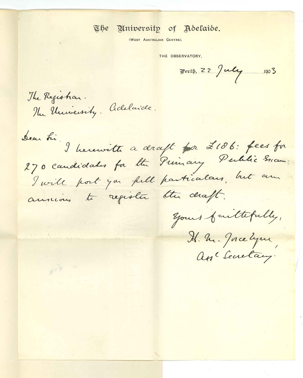 Henry Maurice Joscelyne - Perth WA - Forwarding Draft for Primary Candidates