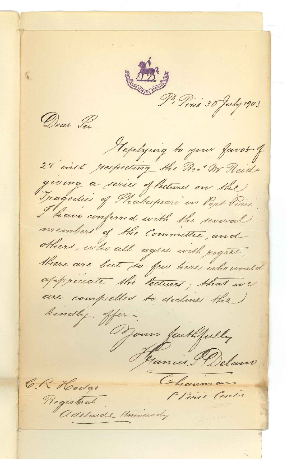 Francis S Delano - Port Pirie - Declining offer to Hold Extension Lectures at Port Pirie