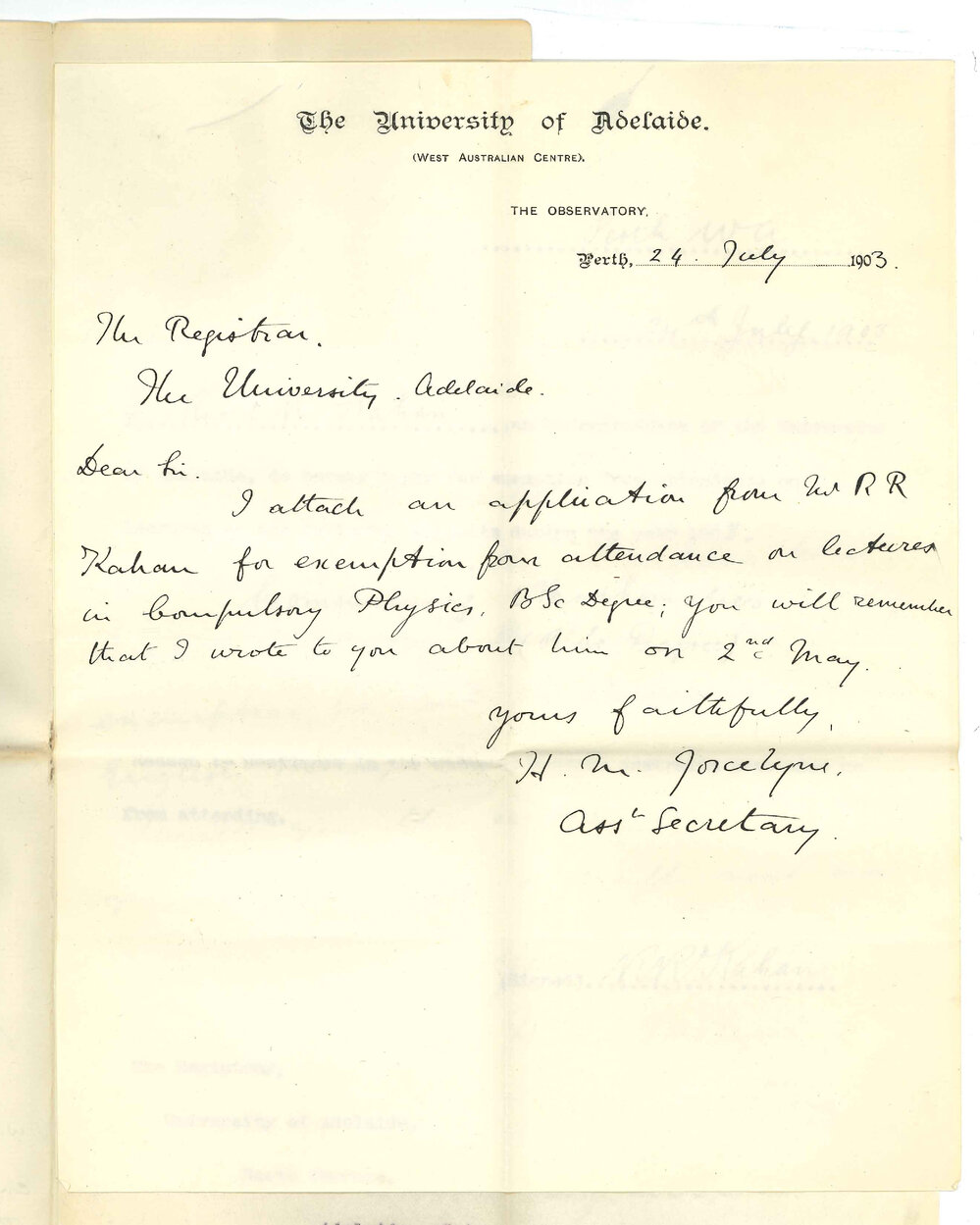 Henry Maurice Joscelyne - Assistant Secretary Perth Centre - Exemption for R R Kahan and Rev W C Butler