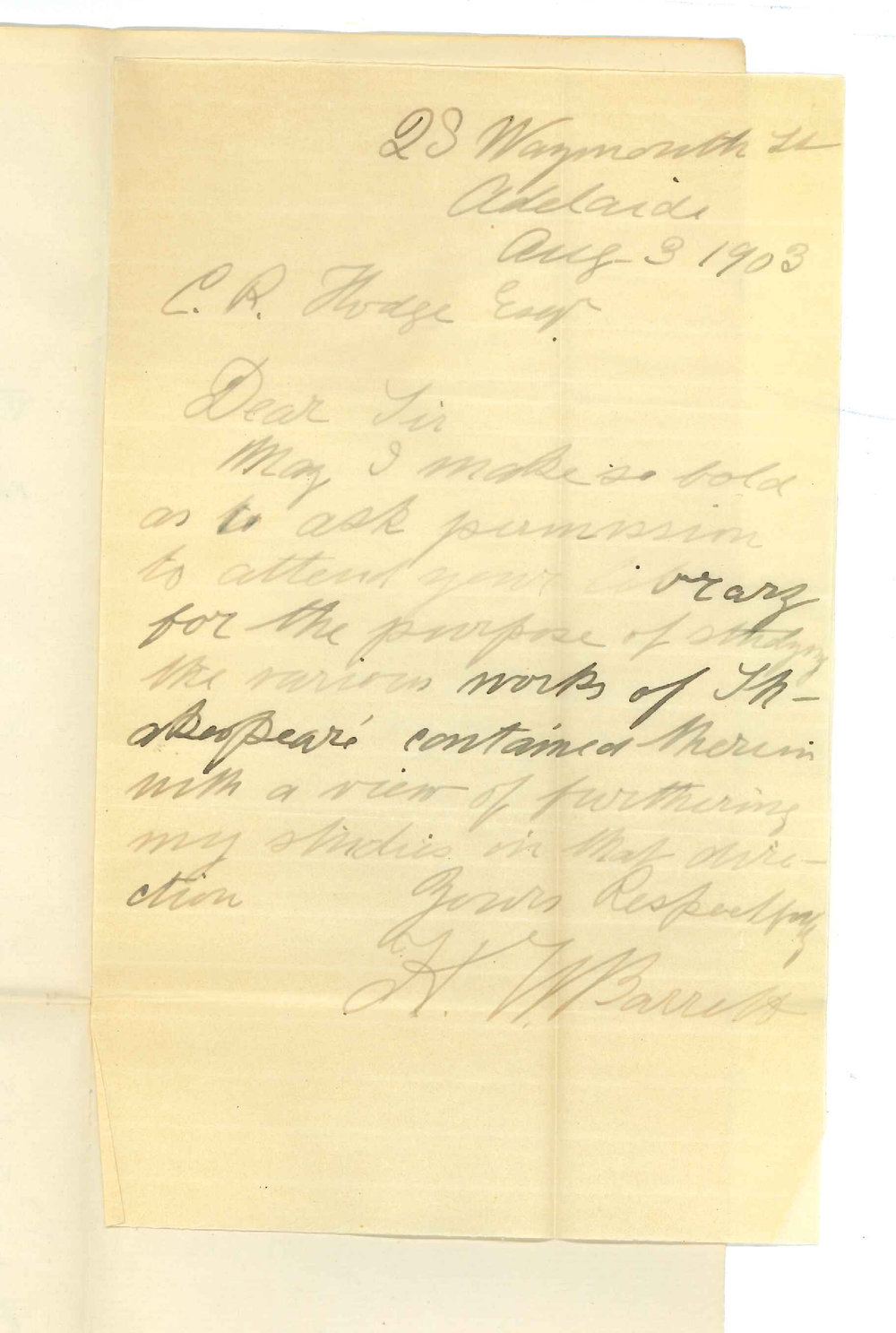 H W Barrett - Adelaide - Asking permission to use Library