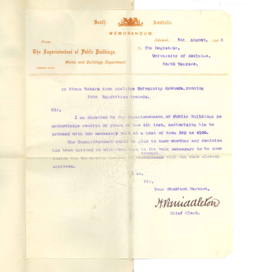 C E Owen Smyth - Superintendent of Public Buildings - Re work to be done in connection with flood waters from University