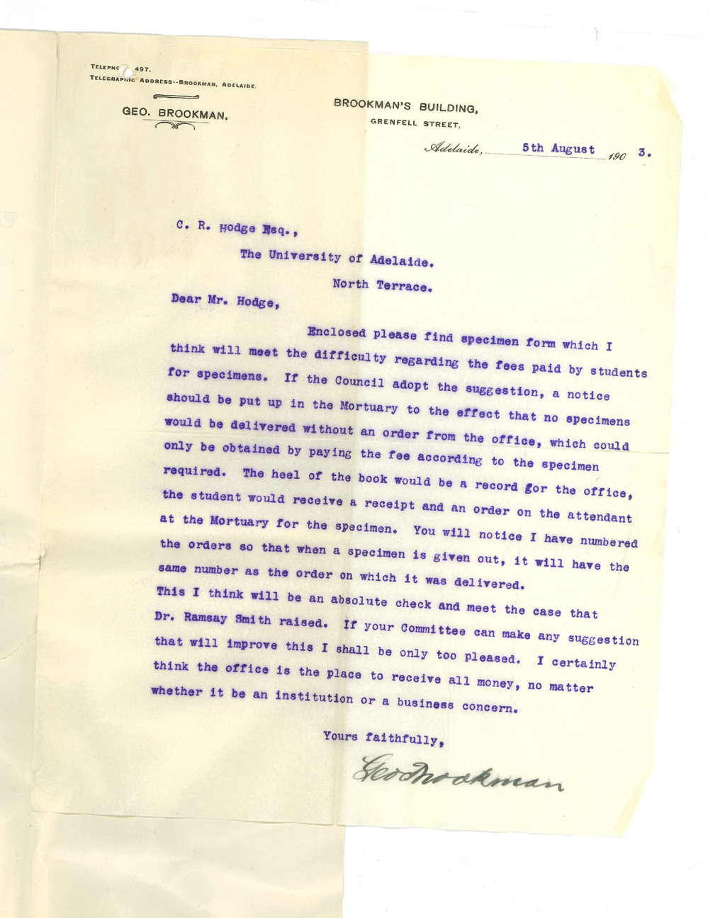 George Brookman - Adelaide - Form for Fees paid by Students for Specimens