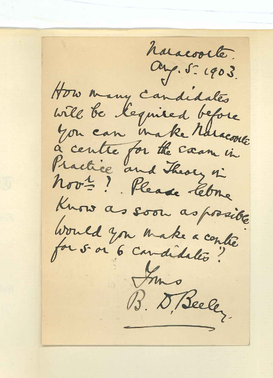 B D Beeley - Naracoorte - Re Holding Exam at Naracoorte in November